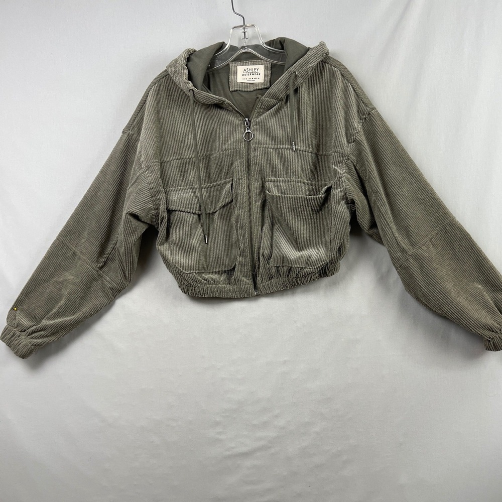 Ashley Outerwear Cropped Corduroy Jacket Womens Medium Olive Green Hooded Zip